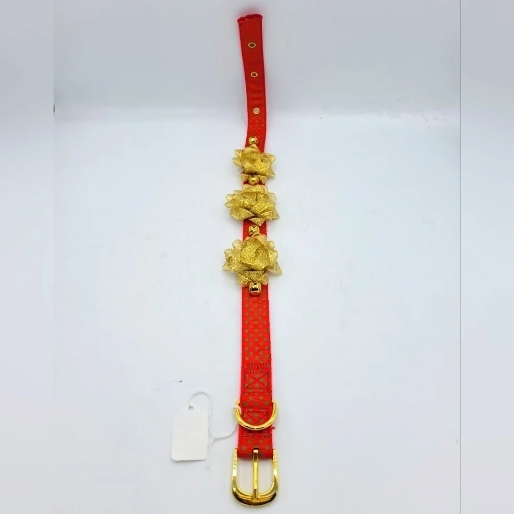 Festive Red & Gold Floral Jingle Bell Dog Collar - Christmas Holiday Size M/L
